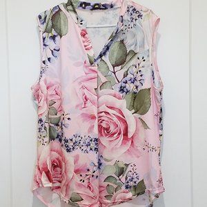 pink roses floral blue sleeveless blouse tunic